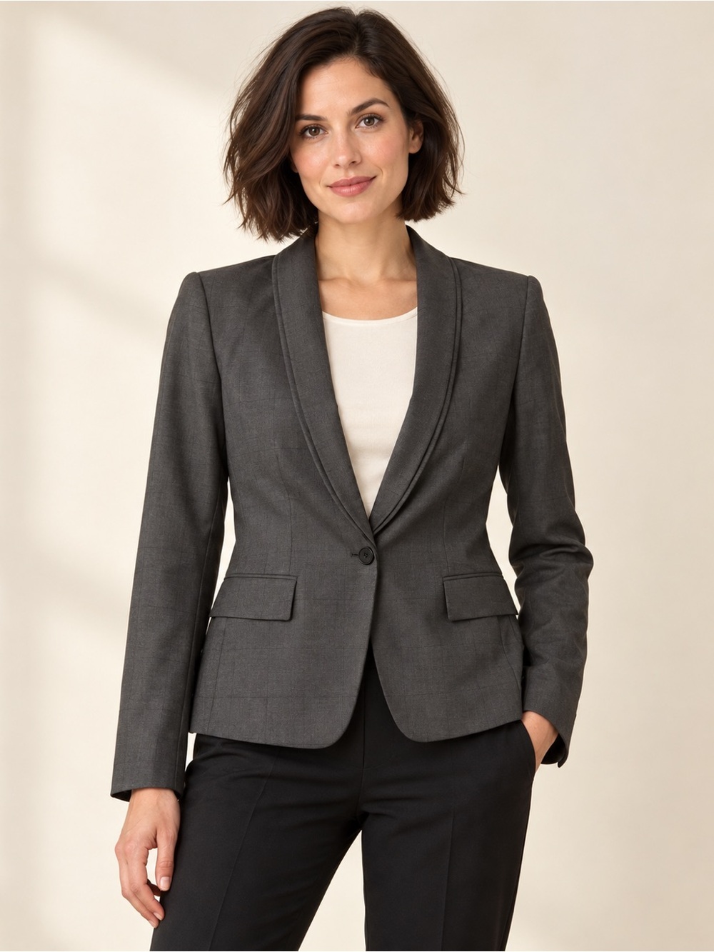 Calvin Klein Women’s 8P Petite Charcoal Gray Windowpane One Button Blazer